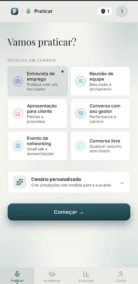 Escolha um cenário para praticar